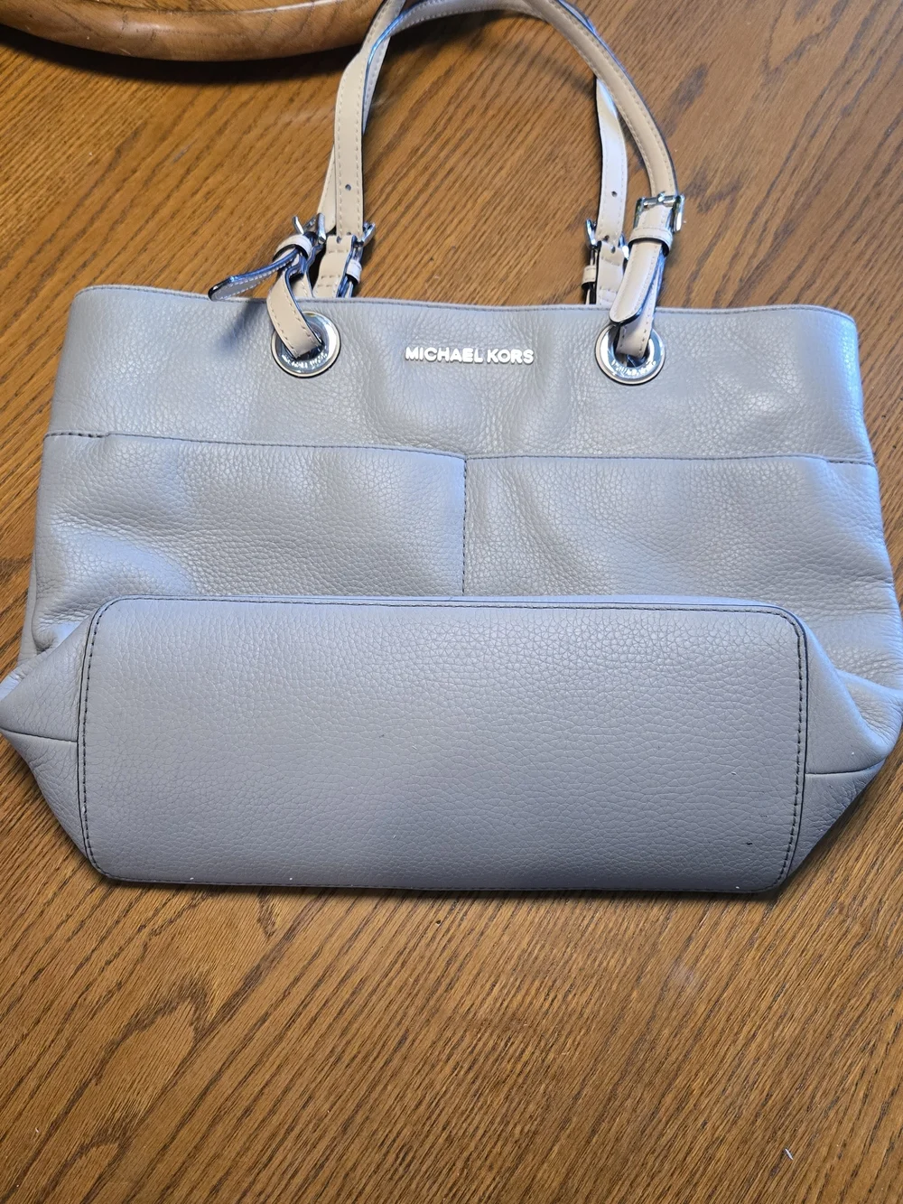 Michael Kors Pebbled Leather Tote in Light Gray with Beige Straps
